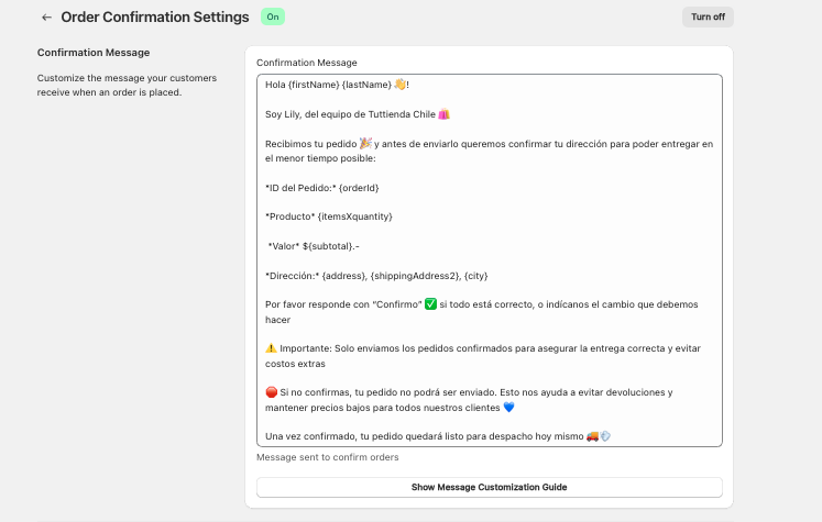 Configuración de mensaje