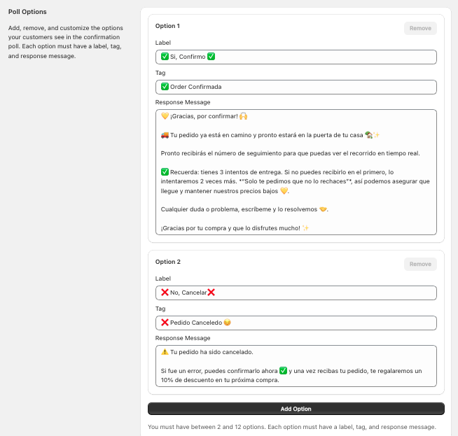 Opciones de respuesta